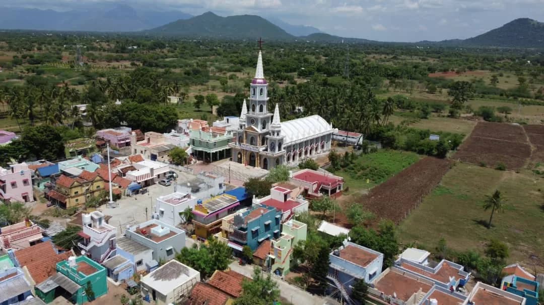 The shrine amid the village and fields